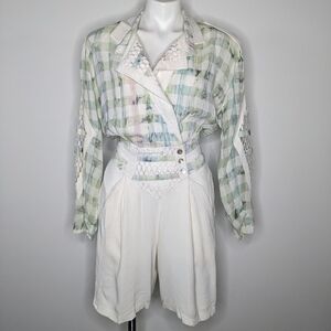 Vintage white green lace panel collared wrap style romper XS